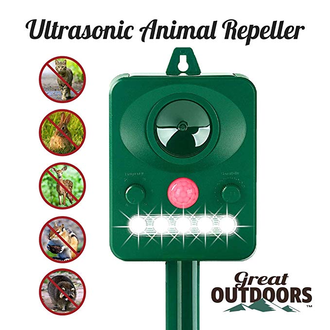 GREAT OUTDOORS TM Ultrasonic Animal Repeller and Solar Pest Waterproof Repellent – Effective & Humane Outdoor Deterrent for Bird, Deer, Cat, Dog, Squirrel, Raccoon, Rabbit - Motion Sensor (512)