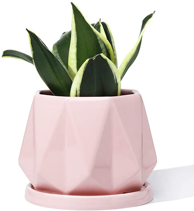 POTEY 052703 Plant Pot with Drainage Hole & Saucer - 4.7 Inch Glazed Ceramic Modern Geometric Shaped Planters Indoor Bonsai Container for Plants Flower Aloe(Shiny Pink, Plants Not Included)