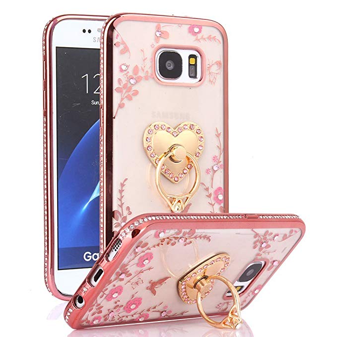 Galaxy S7 Case, S7 Case, CaseUp Glitter Crystal Heart Floral Series - Slim Luxury Bling Rhinestone Clear TPU Case With Ring Stand For Samsung Galaxy S7, Rose Gold