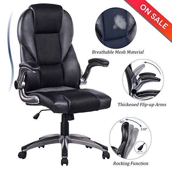 Breathable High Back Mesh&Leather Office Chair - Flip-Up Arms Ergonomic Computer Desk Executive Chair, Black