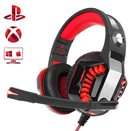 Beexcellent PS4 Gaming Headset, PS4 Headset with Noise Canceling Mic Stereo Surround, Soft Memory Earmuffs for PS4, Xbox One, PC, Mac, Laptop, Headset with LED Light, Red