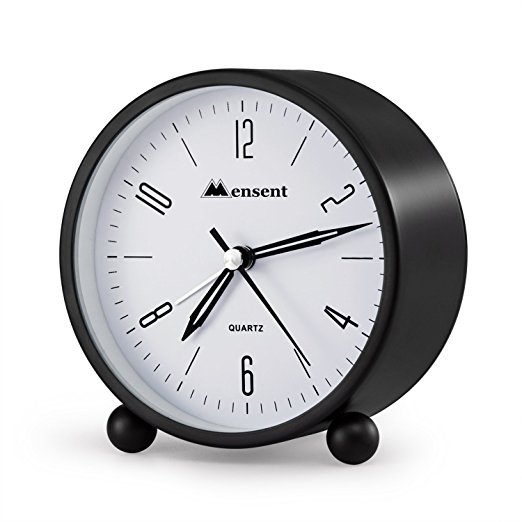 Alarm Clock.Mensent 4 inch Round Silent Analog Alarm Clock Non Ticking,with Night Light, Battery Powered Super Silent Alarm Clock, Simple Design Beside/Desk Alarm Clock (Black)