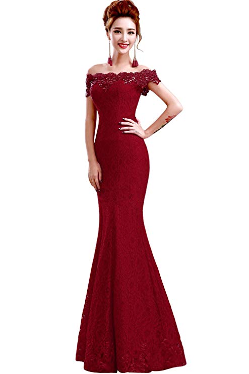 Babyonlinedress Babyonline Off Shoulder Lace Red Mermaid Evening Formal Bridesmaid Dress