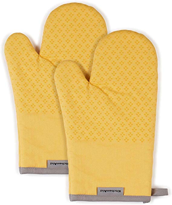 KitchenAid Asteroid Cotton Oven Mitts with Silicone Grip, Set of 2, Yellow