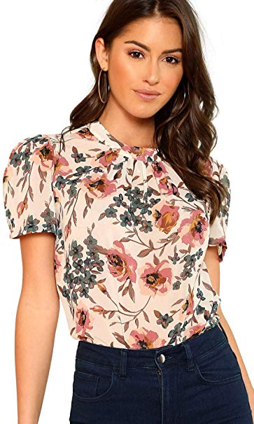 Floerns Women's Floral Print Short Sleeve Gathered Neck Casual Top