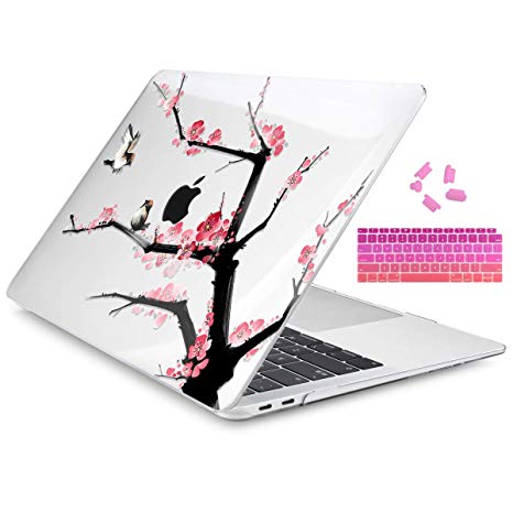 Dongke for New MacBook Air 13 Inch Case 2018 Release A1932, Crystal Clear Hard Shell Cover for MacBook Air 13" with Retina Display & Touch ID (Plum Blossom)