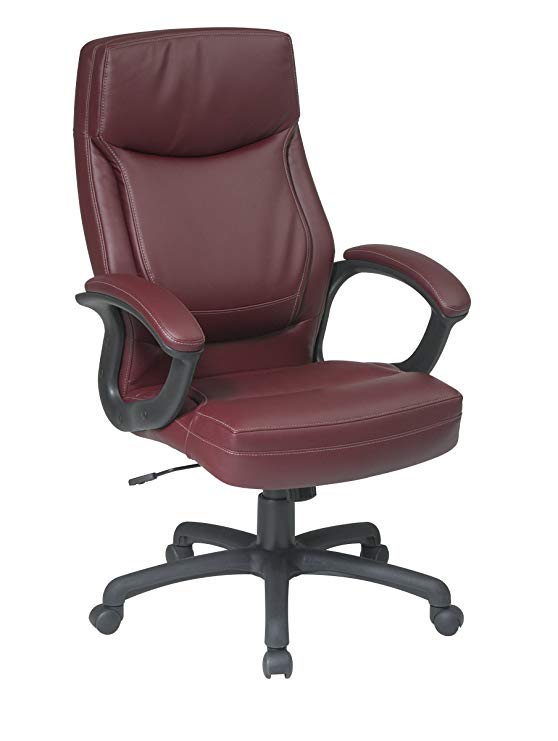 Office Star High Back Thick Padded Contour Seat and Back Eco Leather Executive Chair with Locking Tilt Control with Matching Stitching, Burgundy