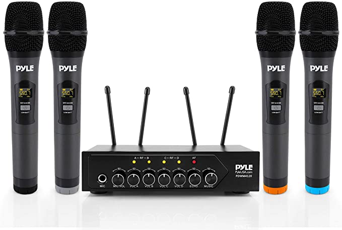 Portable UHF Wireless Microphone System - Battery Operated Four Bluetooth Cordless Microphone Set with 50 Channels Selectable Frequency, Receiver Base, AUX, for PA Karaoke DJ Party - Pyle PDWM4120