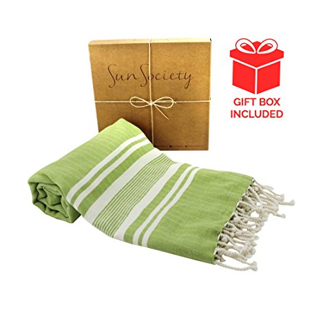 Sun Society Sol Green Premium Turkish Towel, Peshtemal. Comes in Gift Box, 100% Cotton