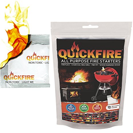 QUICKFIRE Instant Fire Starters. Voted #1 Camping and Charcoal BBQ Fire Starter of 2016, Waterproof, Odorless and Non-Toxic, Starter, 12 Pouches