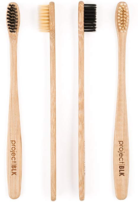 Bamboo Toothbrush Set of 4 by Project BLK | Certified BPA-Free | Biodegradable & Recyclable | Charcoal-Infused Bristles for Maximum Whitening | 2 Beige, 2 Black in Each Set | for Adults & Kids