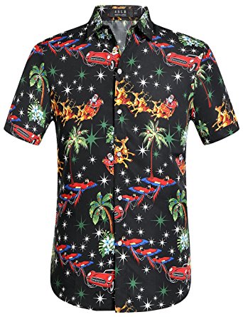 SSLR Men's Christmas Button Down Casual Short Sleeve Hawaiian Aloha Shirt