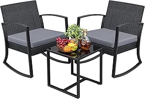 Greesum 3 Pieces Outdoor Furniture Set Patio Bistro Rocking Chairs with Glass Coffee Table for Pool Beach Backyard Balcony Porch Deck Garden, Gray