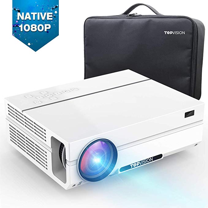 TOPVISION Native 1080P Video Projector with Carrying Case, 5000Lux Full HD Projector 80000Hrs Lamp Life, Compatible With Laptop, Fire Stick, HDMI, VGA, USB,DVD, Smartphone for PowerPoint Presentation