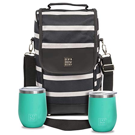 One Savvy Girl Wine Tote Bag with Stainless Steel Stemless Wine Glasses - 2 Bottle Wine Carrier Purse - Perfect for Travel, Events, Beach, Pool, Picnic & More - Great Gift for Women and Wine Lovers