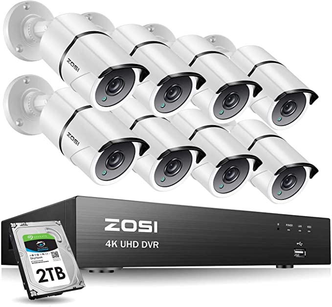 ZOSI 8CH 4K Ultra HD Security Cameras System with 2TB Hard Drive, 8 Channel H.265  4K Video DVR Recorder, 8 x 4K (8MP) IP67 Bullet Weatherproof Surveillance Cameras, Motion Alert, 150ft Night Vision