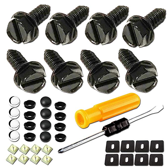 Stainless Steel License Plate Screws- 41PCS Bulk M6 3/4" Slotted Hex Rust Plate Screws Fasteners and Black & Chrome Caps for Fastening License Plates, Frames and Covers on Domestic Cars and Trucks