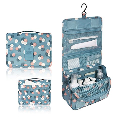 Portable Waterproof Travel Cosmetic Bag - Lady Color Portable Travel Makeup Kit Organizer Bathroom Storage Cosmetic Bag Carry Case Toiletry Bag with Hanging Hook (Blue Flowers)