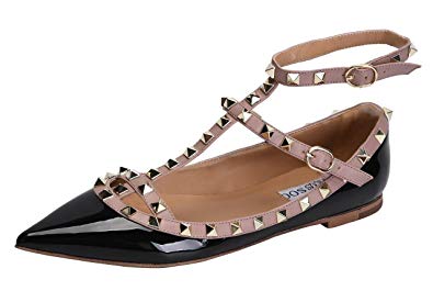 CAMSSOO Women's Metal Studs Strappy Buckle Pointy Toe Flats Comfortable Dress Pumps Shoes