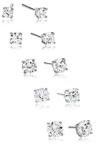 Regetta Jewelry 925 Sterling Silver Round Solitaire Cubic Zirconia Earrings Set, 3mm 4mm 5mm 6mm 7mm, 5 Pair