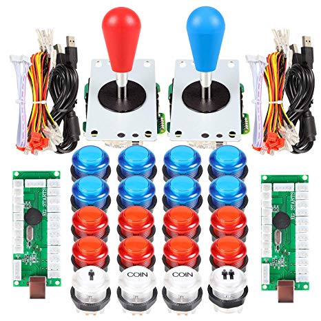 EG STARTS 2 Player Arcade Games DIY Kit Parts 2 Ellipse Oval Joystick Handles   20 LED lit Arcade Buttons (Red & Blue Kit)