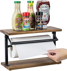 MyGift Premium Solid Acacia Wood Paper Towel Holder with Top Display Shelf and Matte Black Metal Frame, Freestanding Kitchen Countertop Disposable Roll Dispenser Storage Rack