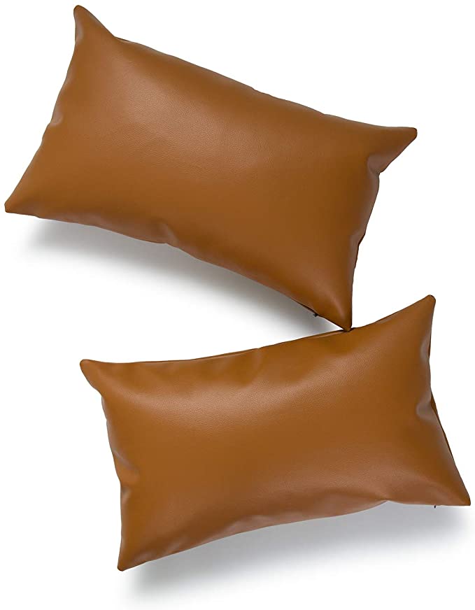 Hofdeco Faux Leather Pillow Cover ONLY, Camel Modern Design, 12"x20", Set of 2