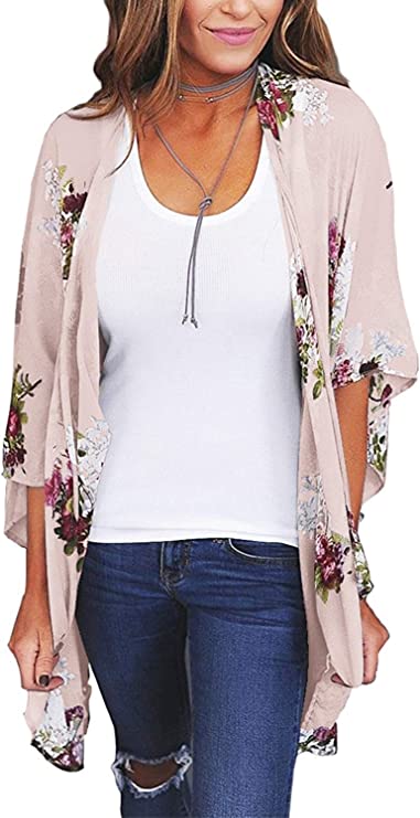 BB&KK Women's Chiffon Boho Kimono Cardigans Casual Loose Open Front Cover Ups