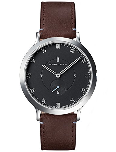 Lilienthal Berlin Watch - Made in Germany - Designed in Berlin. Model L1 with Stainless Steel Case, brown Leather Band & Black Dial