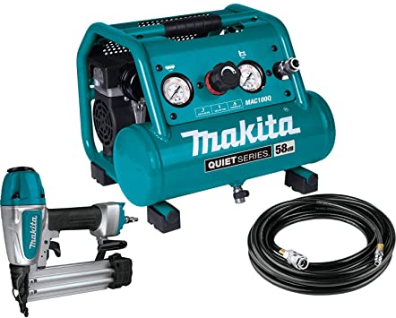 Makita MAC100QK1 Quiet Series 1/2 HP, 1 Gallon Compact, Oil-Free, Electric Air Compressor, and 18 Gauge Brad Nailer Combo Kit