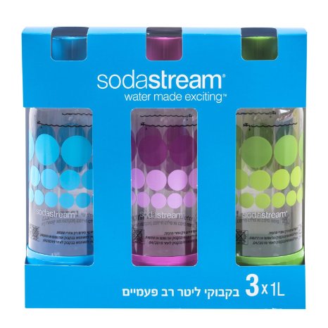 Original Sodastream Three Pack 1 Liter Carbonating Bottles - Lasts 2 years - Orange Blue and Green