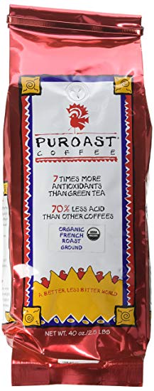 Puroast Low Acid Coffee Organic French Roast, Drip Grind, 2.5-Pound Bag