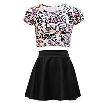Kids Girls Love Graffiti Scribble Print Crop Top & Black Skater Skirt Set Age 7 8 9 10 11 12 13 Years