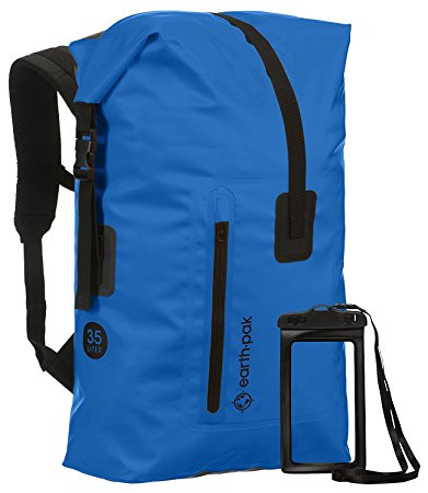 Earth Pak Waterproof Backpack: 35L / 55L Heavy Duty Roll-Top Closure with Easy Access Front-Zippered Pocket and Cushioned Padded Back Panel for Comfort; IPX8 Waterproof Phone Case Included