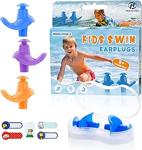 Hearprotek Swimming Ear Plugs, 3 Pairs Soft Waterproof Reusable Ear Plugs for Swimming Showering Bathing and Other Water Sports Suitable for 6  Kids(Blue/Orange/Purple)