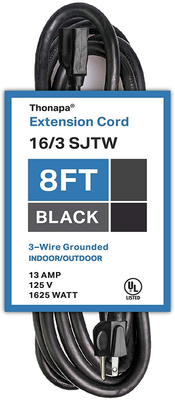 Thonapa 8 Ft Black Extension Cord - 16/3 Electrical Cable with 3 Prong Grounded Plug for Safety
