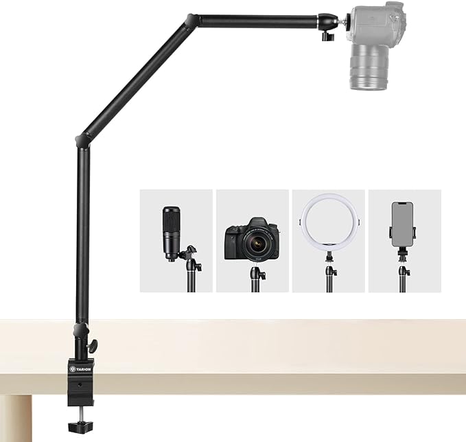 TARION Supporto per Fotocamera da Tavolo con Supporto da Tavolo con Viti da 1/4" per telecamere con Luce anulare Supporto da Tavolo a Forma di L Supporto con Clip per Video in live streaming (TKB01)