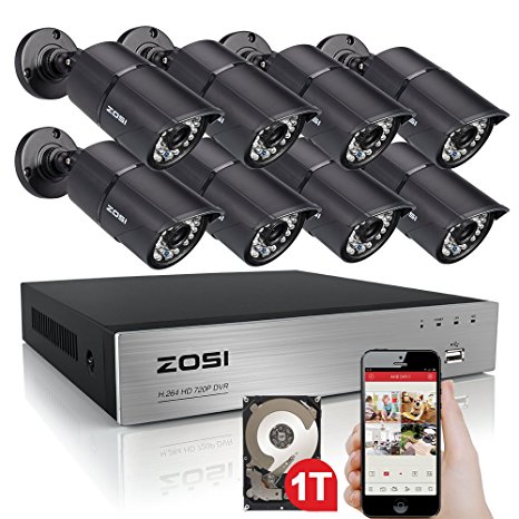 ZOSI CCTV Surveillance System H.264 8CH 720P DVR 1TB Hard Disk with 8x 1280TVL 100ft 30m Night Vision 3.6mm Lens Security Bullet Cameras HD Home Security Kits Easy access to PC and Smartphone