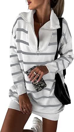 Sidefeel Women's 2024 Fall Sweater Dress Long Sleeve V Neck Striped Knit Bodycon Winter Dresses