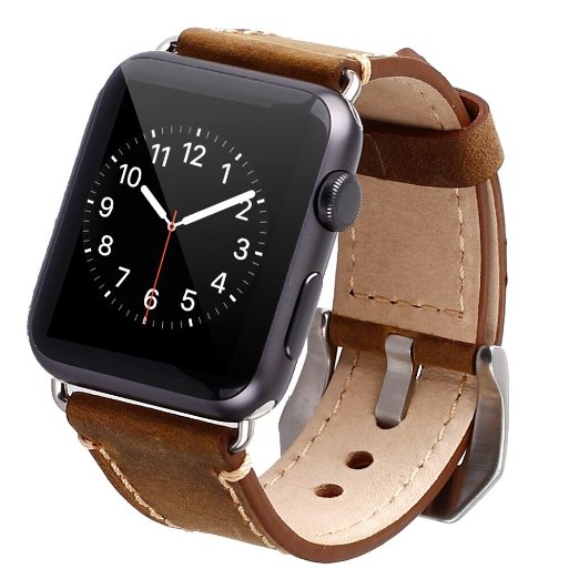Apple Watch Band 42mm Iwatch Strap Premium Vintage Genuine Leather Replacement Watchband with Secure Metal Clasp Buckle for Apple Watch Sport Edition