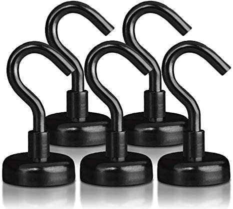 Strong Heavy Duty Magnetic Hooks (5 Pack) - Powerful Black 40lb Neodymium Rare Earth Hook Magnet Set for Multi-Purpose Hanging, Storage, Indoor/Outdoor Organization - Includes 3M Non-Scratch Stickers