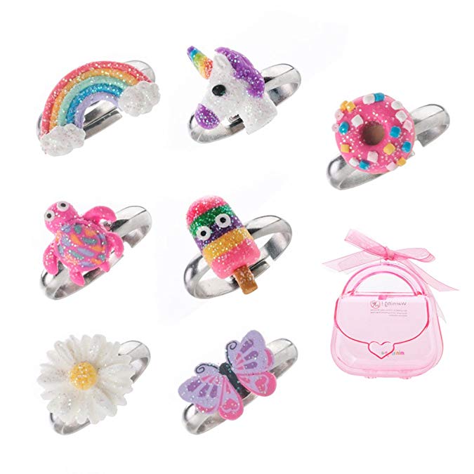 Adjustable Rings Set for Little Girls - Colorful Cute Unicorn, Butterfly Rings for Kids Made of Polymer Clay, Children's Jewelry Set of 7