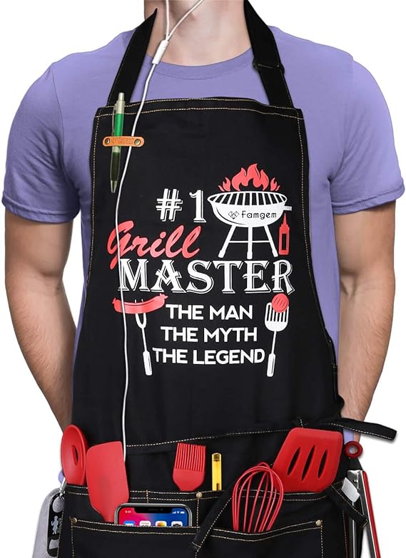 Grilling Aprons Grill Master for Men – BBQ Chef Apron Dad 5Pockets 100% Cotton