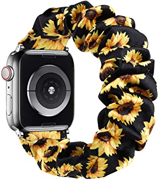 GBPOOT Adjustable Scrunchies Solo Loop Compatible with Apple Watch Bands 38mm 40mm 42mm 44mm, Stretchy Cloth Pattern Printed Fabric Women Elastic Scrunchy Wristband for iWatch Series SE/6/5/4/3/2/1