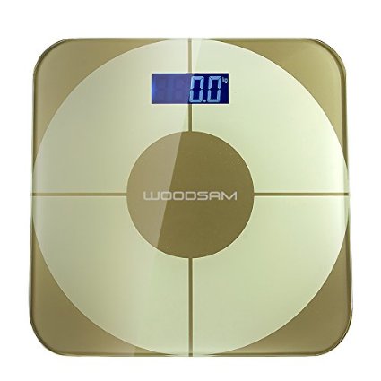 Body Digital Bathroom Scale Woodsam TM Gold Glass Personal Weight Fitness Health LCD Screen Max 360lbs