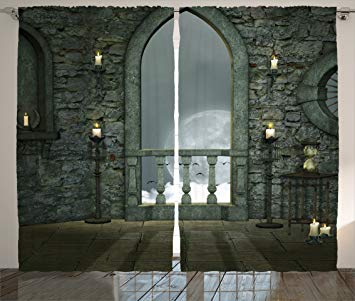 Gothic Decor Curtains by Ambesonne, Full Moon Birds Fairytale Fantasy Old Castle Balcony Candle and Night View, Window Drapes 2 Panel Set for Living Room Bedroom, 108 X 84 Inches, Grey and Ivory