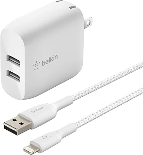 Belkin Dual USB Wall Charger 24W   Braided Lightning Cable Compatible with iPhone 12, 12 Mini, 12 Pro, 12 Pro Max, SE, 11, 11 Pro, 11 Pro Max, XS, XS Max, XR, X, 8, iPad, AirPods and More