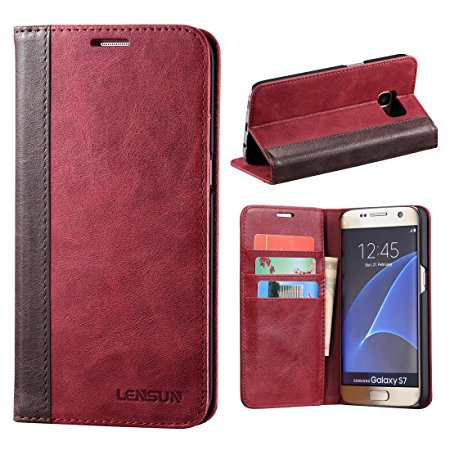 Galaxy S7 Case, Lensun Genuine Leather Wallet Case for Samsung Galaxy S7 5.1" - Wine Red (S7-FG-WR)