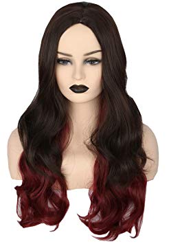 Topcosplay Long Wave Ombre Wig Anime Cosplay Wig Halloween Wig for Women Brown Dark Red Color