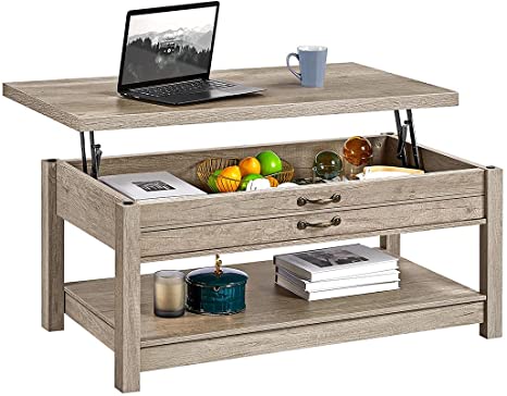 Yaheetech Lift Top Coffee Table with Hidden Compartment & Shelf, Pop Up Tabletop Dining/Center Table for Living Room Reception Room, 43inch L